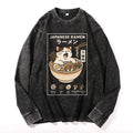 Cat Ramen Vintage Cotton Wash Crewneck Long-Sleeve T-Shirt