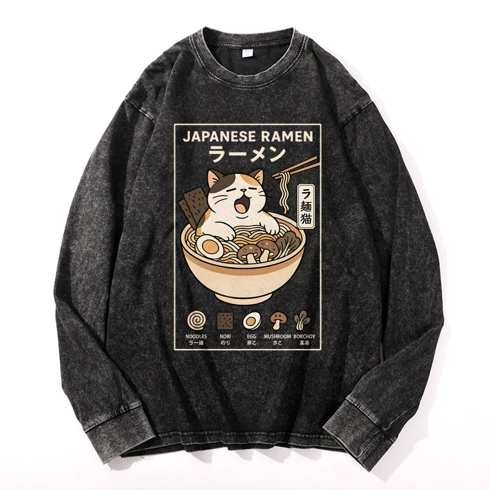 Cat Ramen Vintage Cotton Wash Crewneck Long-Sleeve T-Shirt