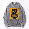 Cat Ramen Vintage Cotton Wash Crewneck Long-Sleeve T-Shirt