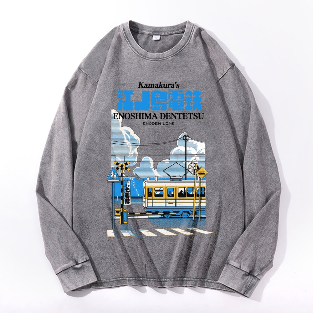 Enoden Line Vintage Cotton Wash Crewneck Long-Sleeve T-Shirt