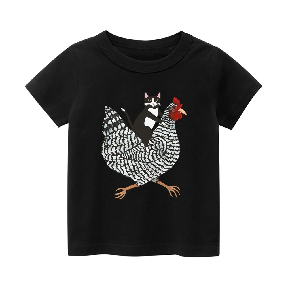 Tuxedo Cat Rooster Vintage Kids Cotton T-shirt