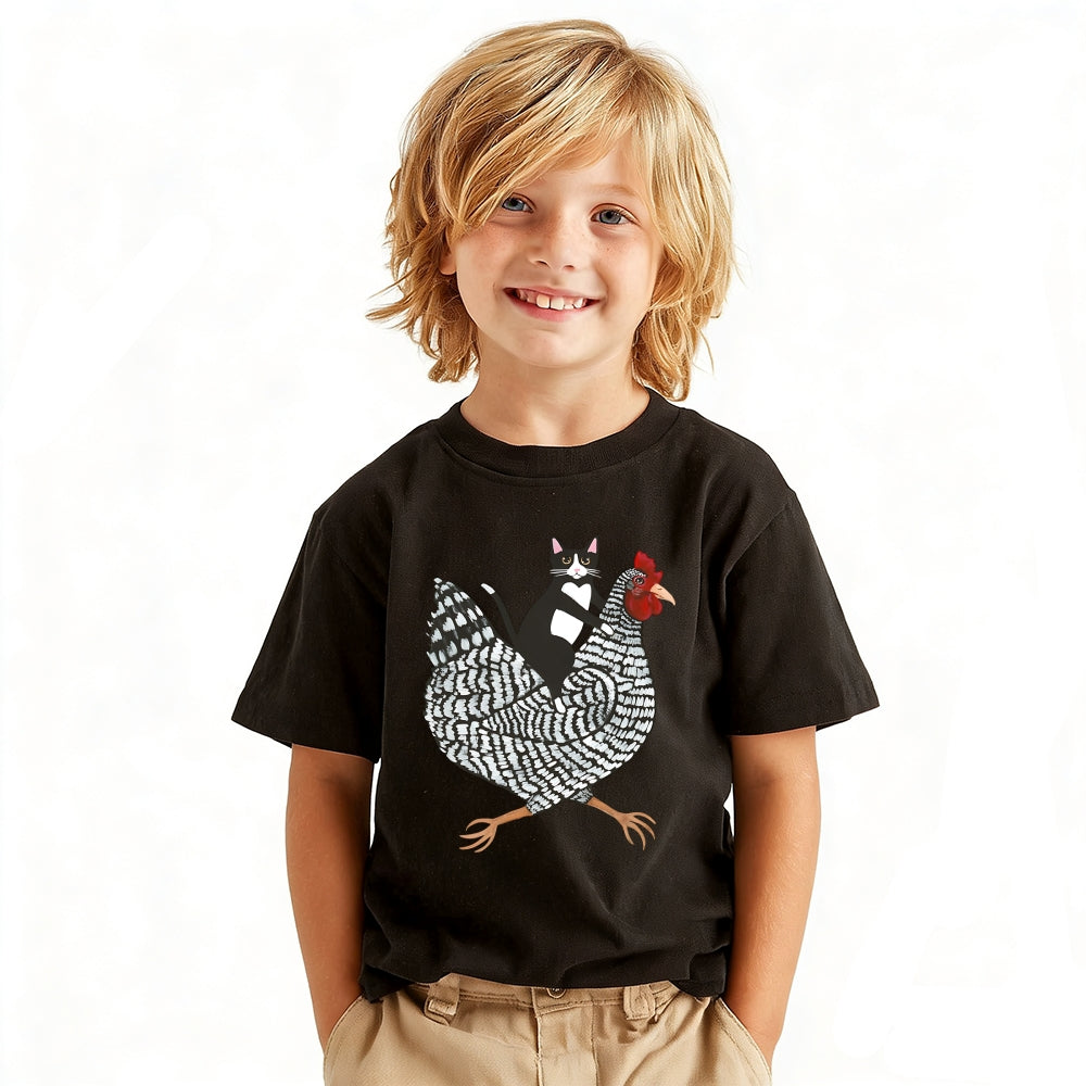 Tuxedo Cat Rooster Vintage Kids Cotton T-shirt