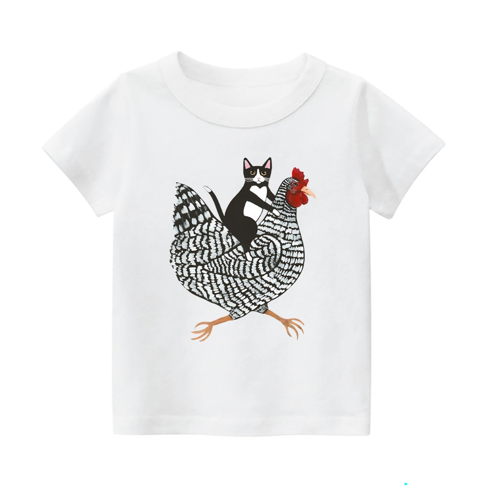 Tuxedo Cat Rooster Vintage Kids Cotton T-shirt
