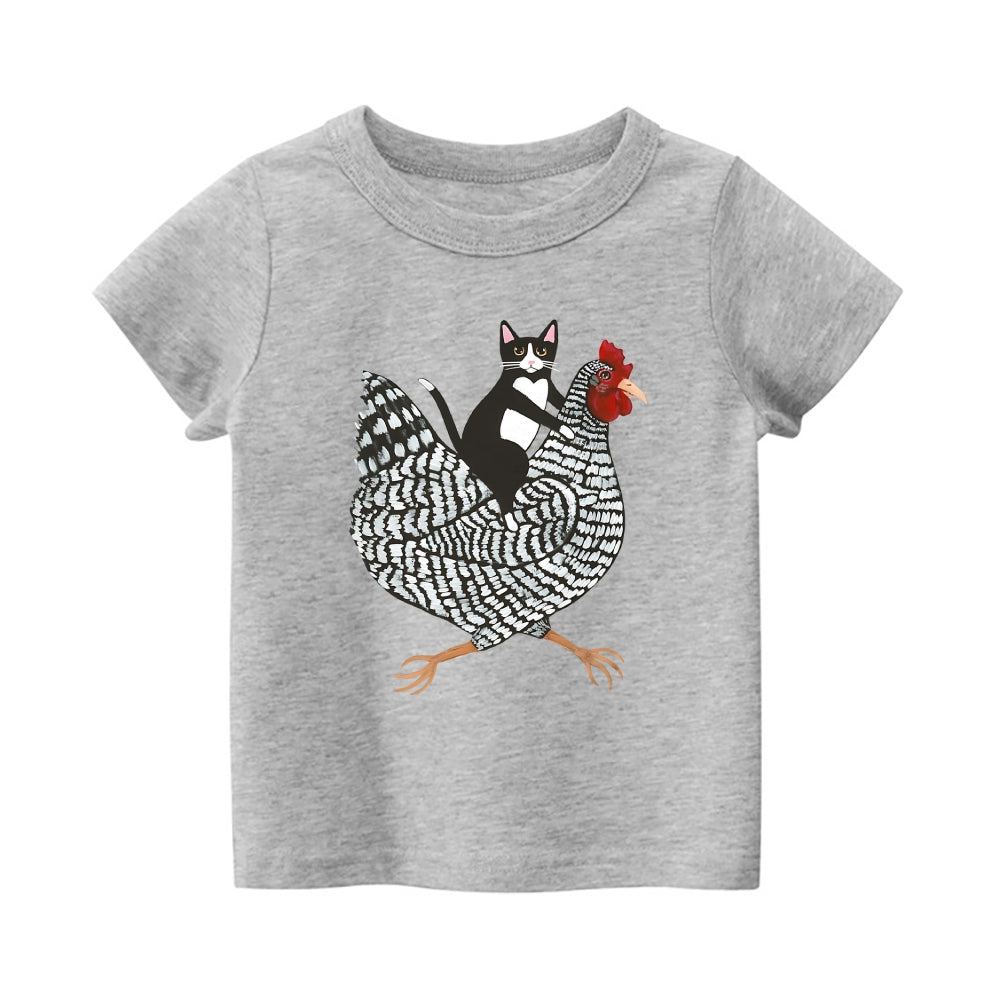 Tuxedo Cat Rooster Vintage Kids Cotton T-shirt