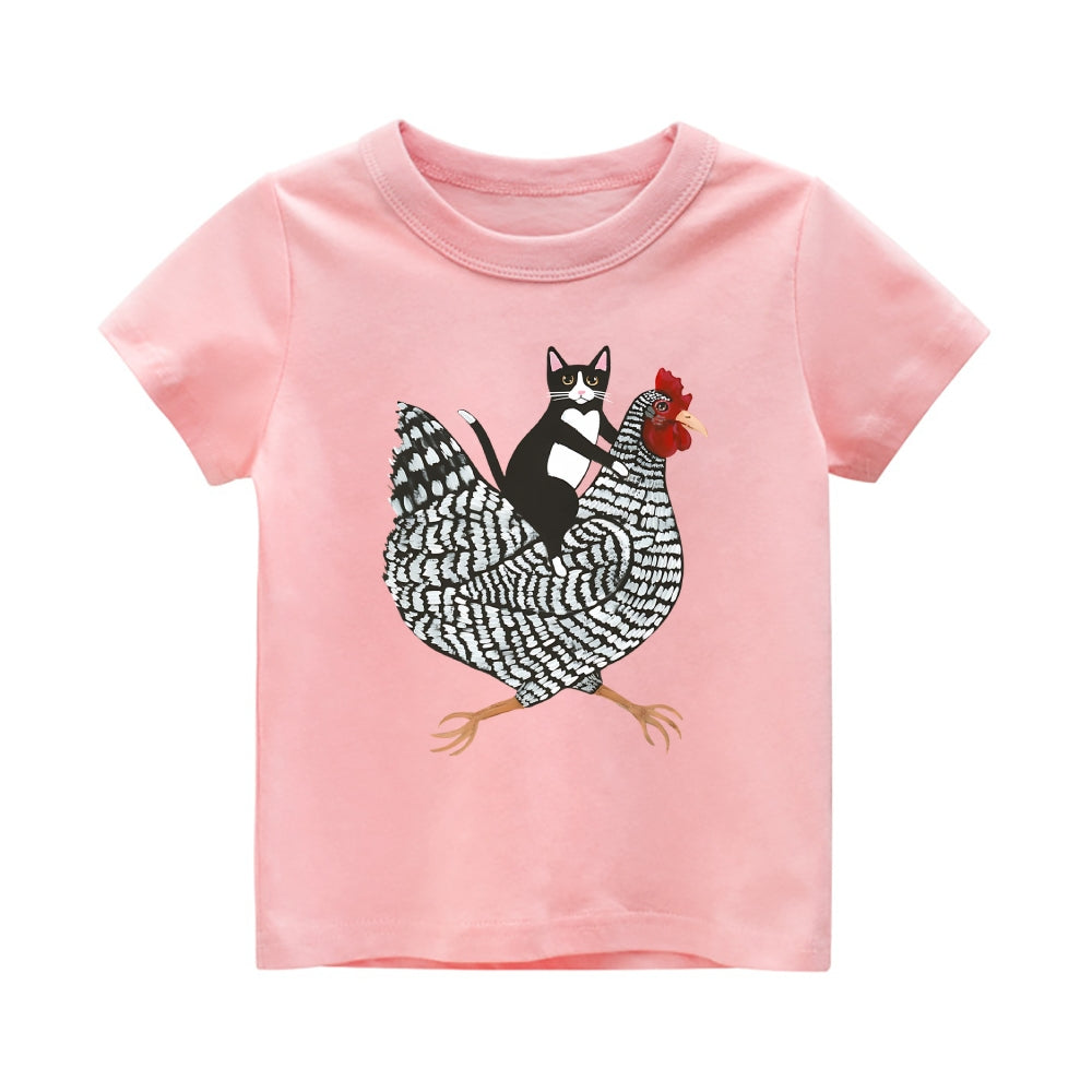 Tuxedo Cat Rooster Vintage Kids Cotton T-shirt