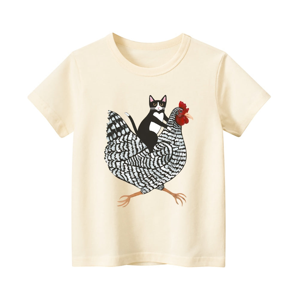 Tuxedo Cat Rooster Vintage Kids Cotton T-shirt