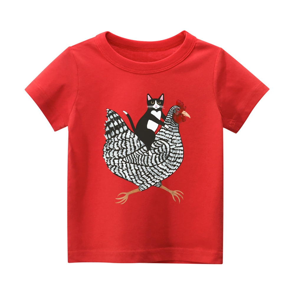 Tuxedo Cat Rooster Vintage Kids Cotton T-shirt