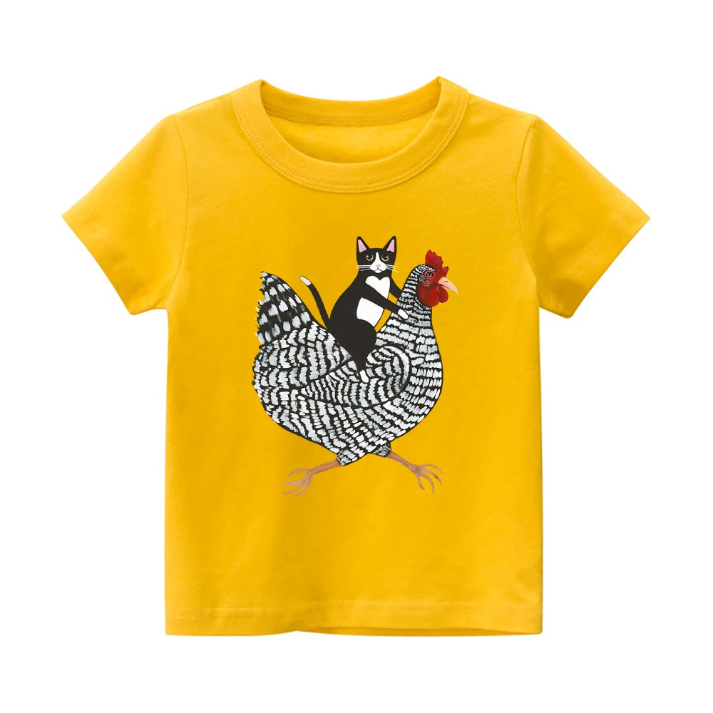 Tuxedo Cat Rooster Vintage Kids Cotton T-shirt