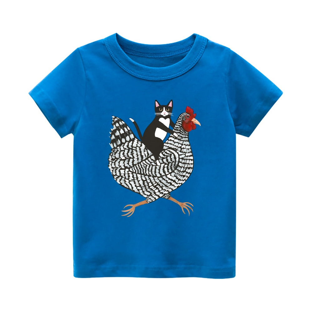 Tuxedo Cat Rooster Vintage Kids Cotton T-shirt