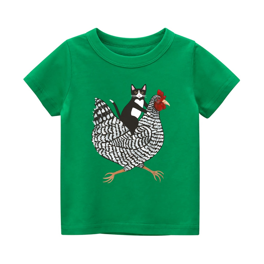 Tuxedo Cat Rooster Vintage Kids Cotton T-shirt