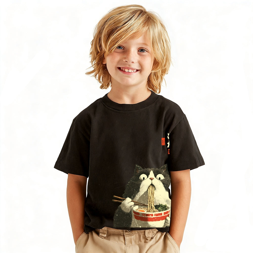 Cat Ramen Vintage Kids Cotton T-shirt