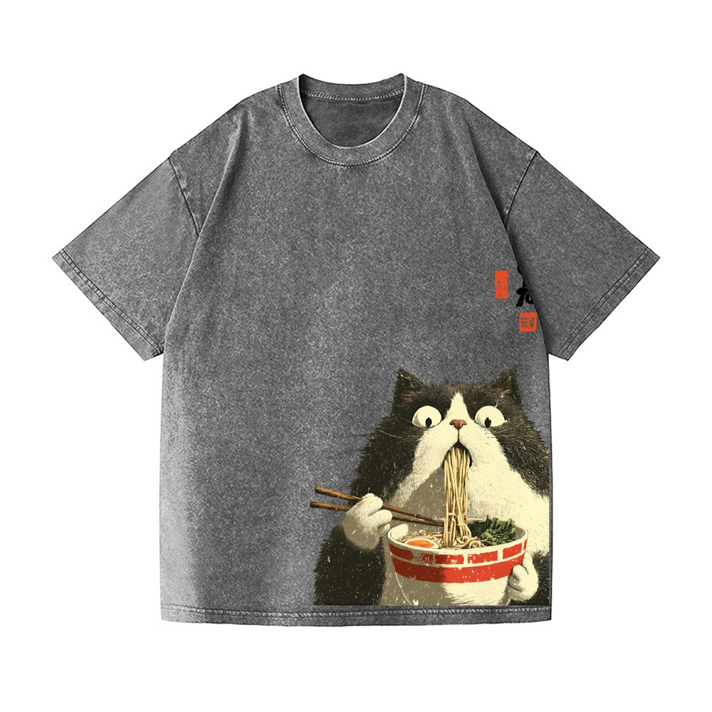 Cat Ramen Vintage Wash Japanese Design T-Shirt
