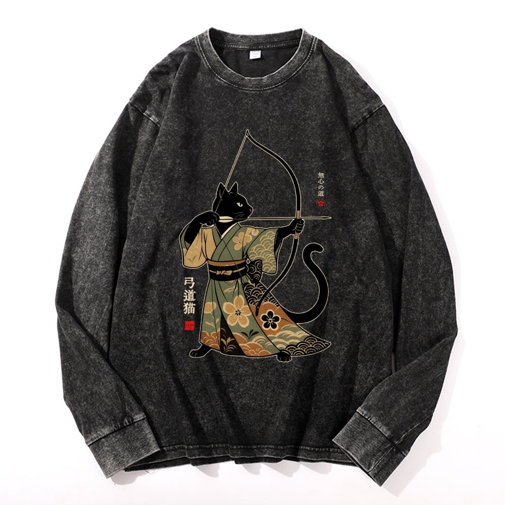 Archer Cat Vintage Cotton Wash Crewneck Long-Sleeve T-Shirt