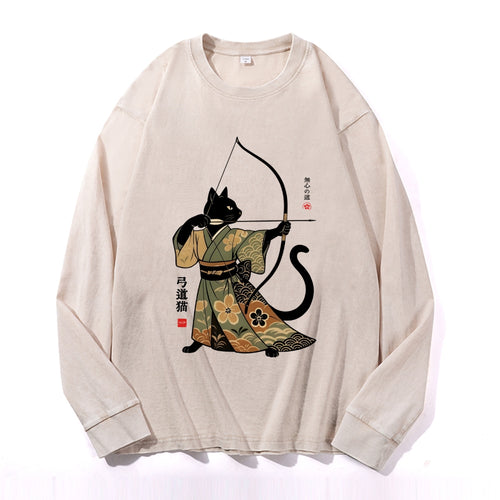 Archer Cat Vintage Cotton Wash Crewneck Long-Sleeve T-Shirt