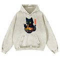 Ramen Black Cat Vintage Washed Thick Cotton Hoodie