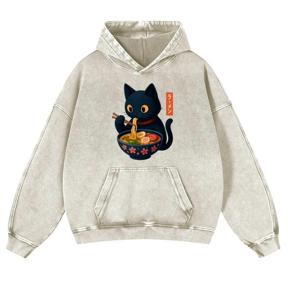 Ramen Black Cat Vintage Washed Thick Cotton Hoodie