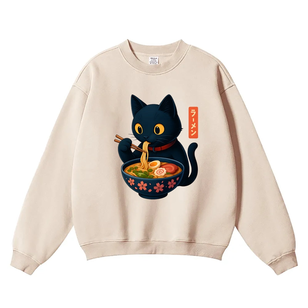 Ramen Black Cat Vintage Cotton Blend Sweatshirt