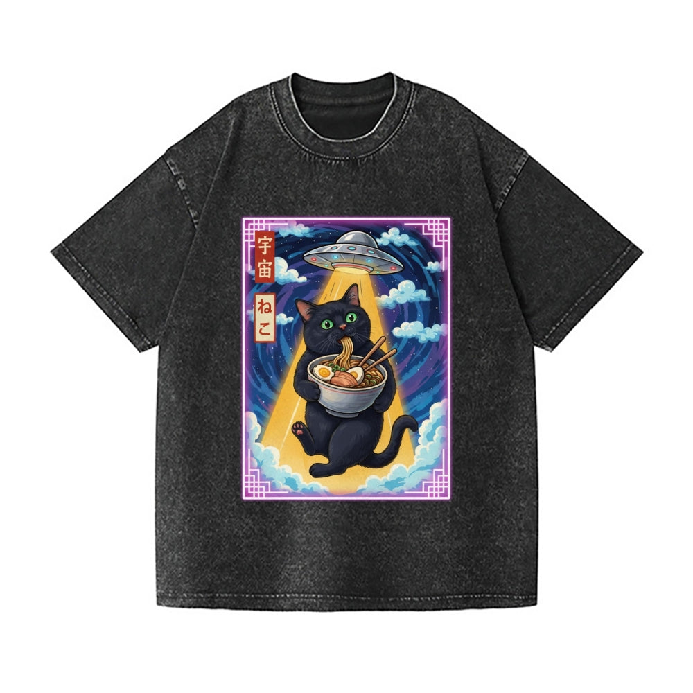 Space Ramen Cat Vintage Wash Japanese Design T-Shirt