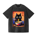 Black Cat Ramen Vintage Wash Japanese Design T-Shirt