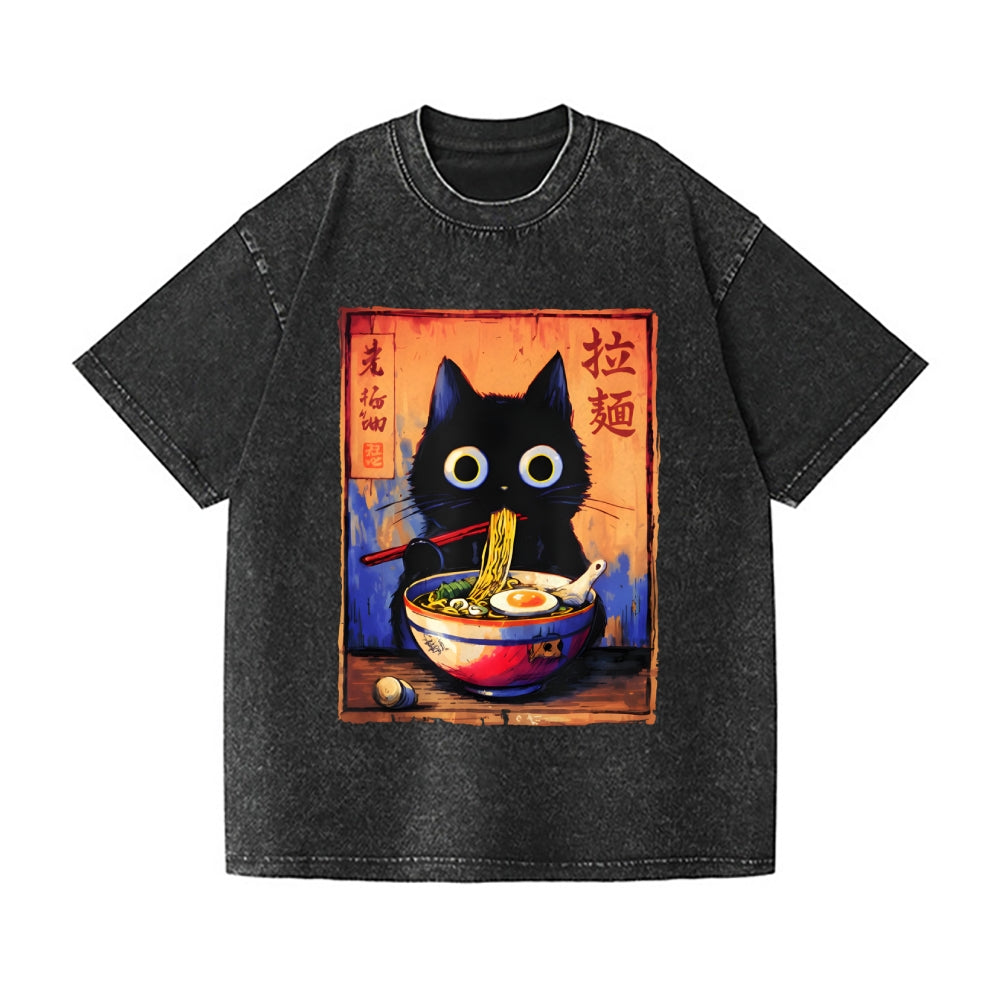 Black Cat Ramen Vintage Wash Japanese Design T-Shirt