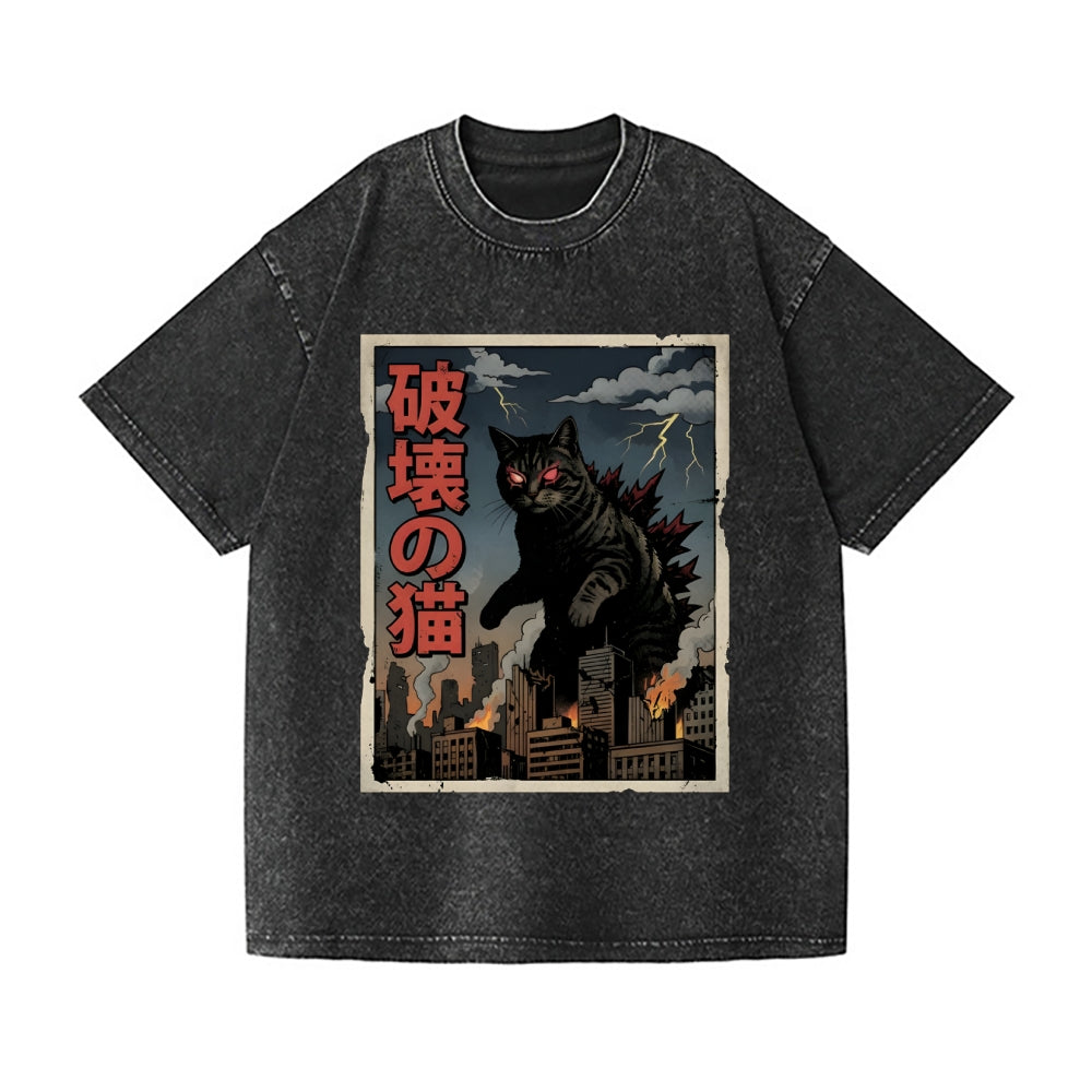 Kaiju Cat Vintage Wash Japanese Design T-Shirt