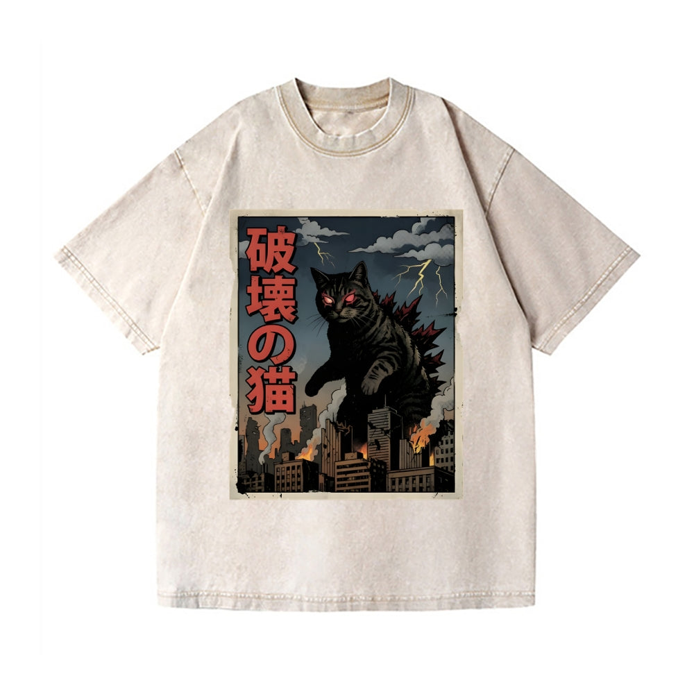Kaiju Cat Vintage Wash Japanese Design T-Shirt