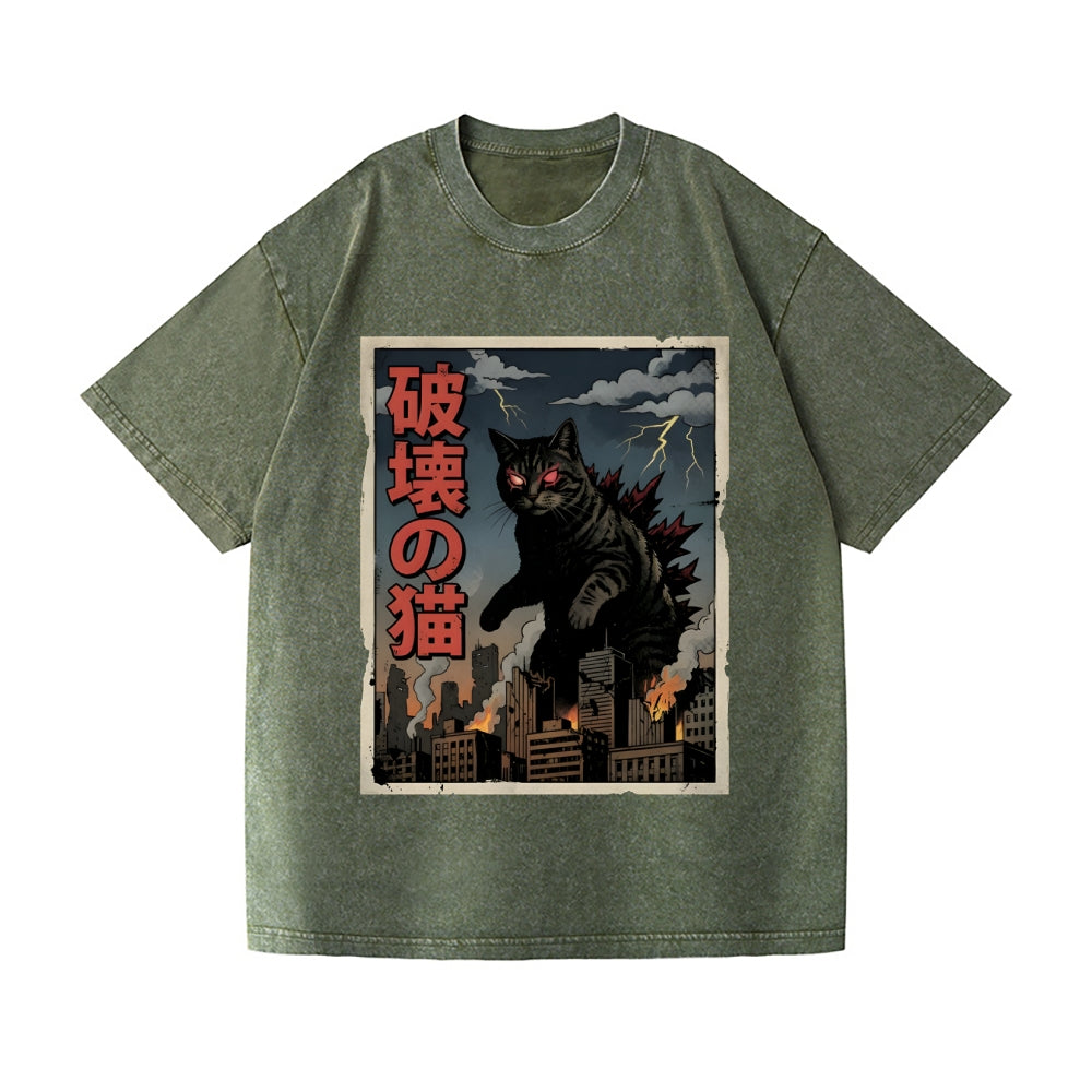 Kaiju Cat Vintage Wash Japanese Design T-Shirt