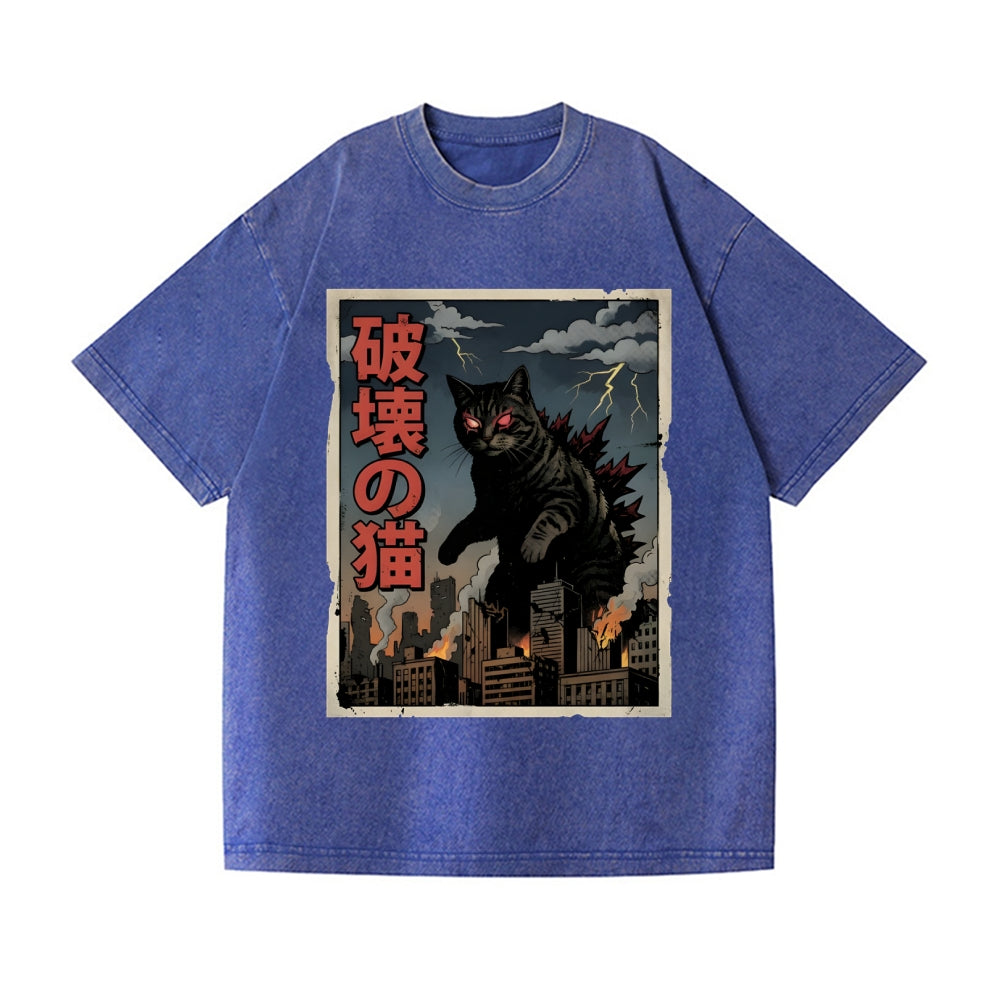 Kaiju Cat Vintage Wash Japanese Design T-Shirt