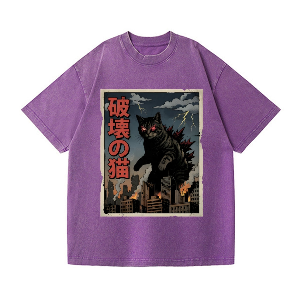 Kaiju Cat Vintage Wash Japanese Design T-Shirt