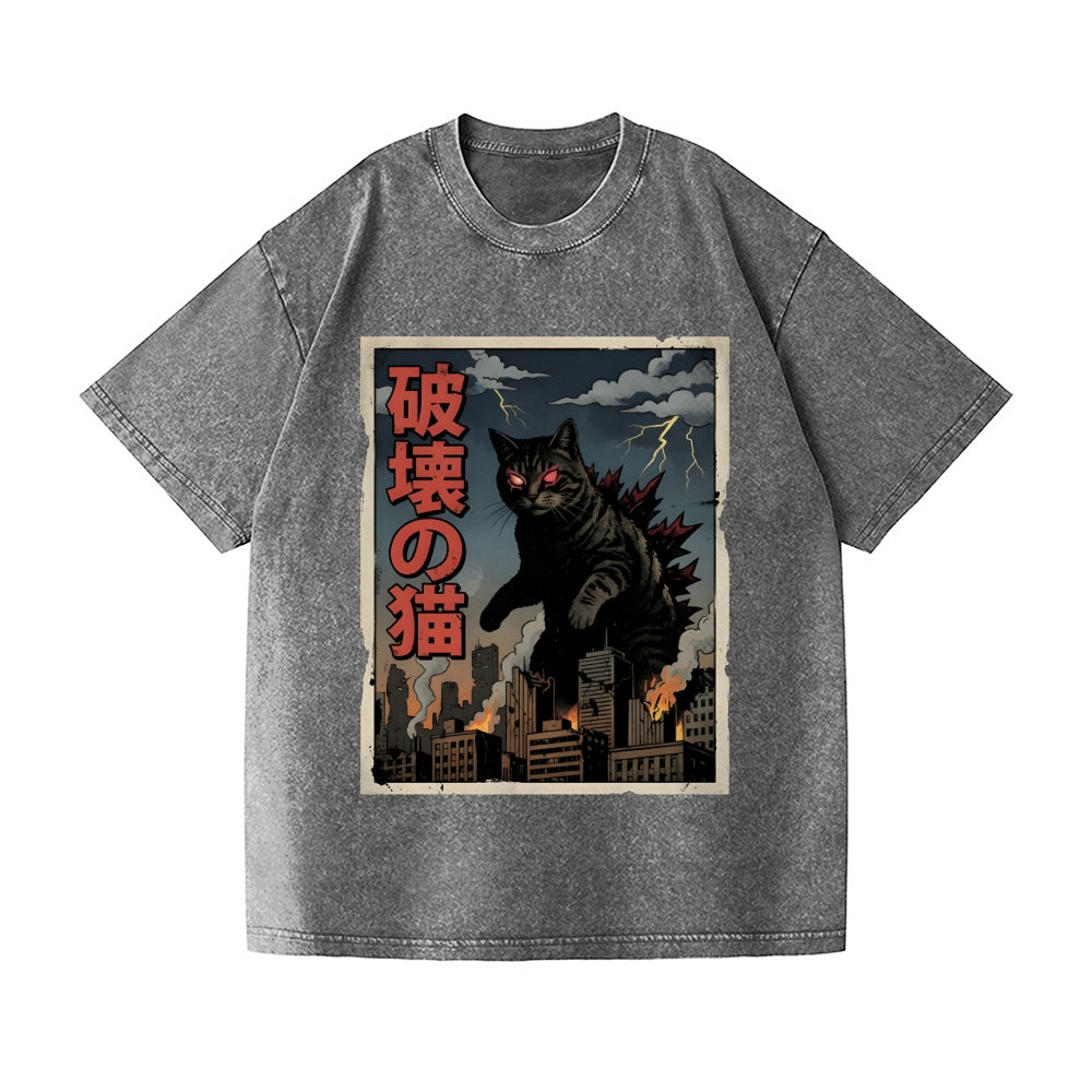 Kaiju Cat Vintage Wash Japanese Design T-Shirt
