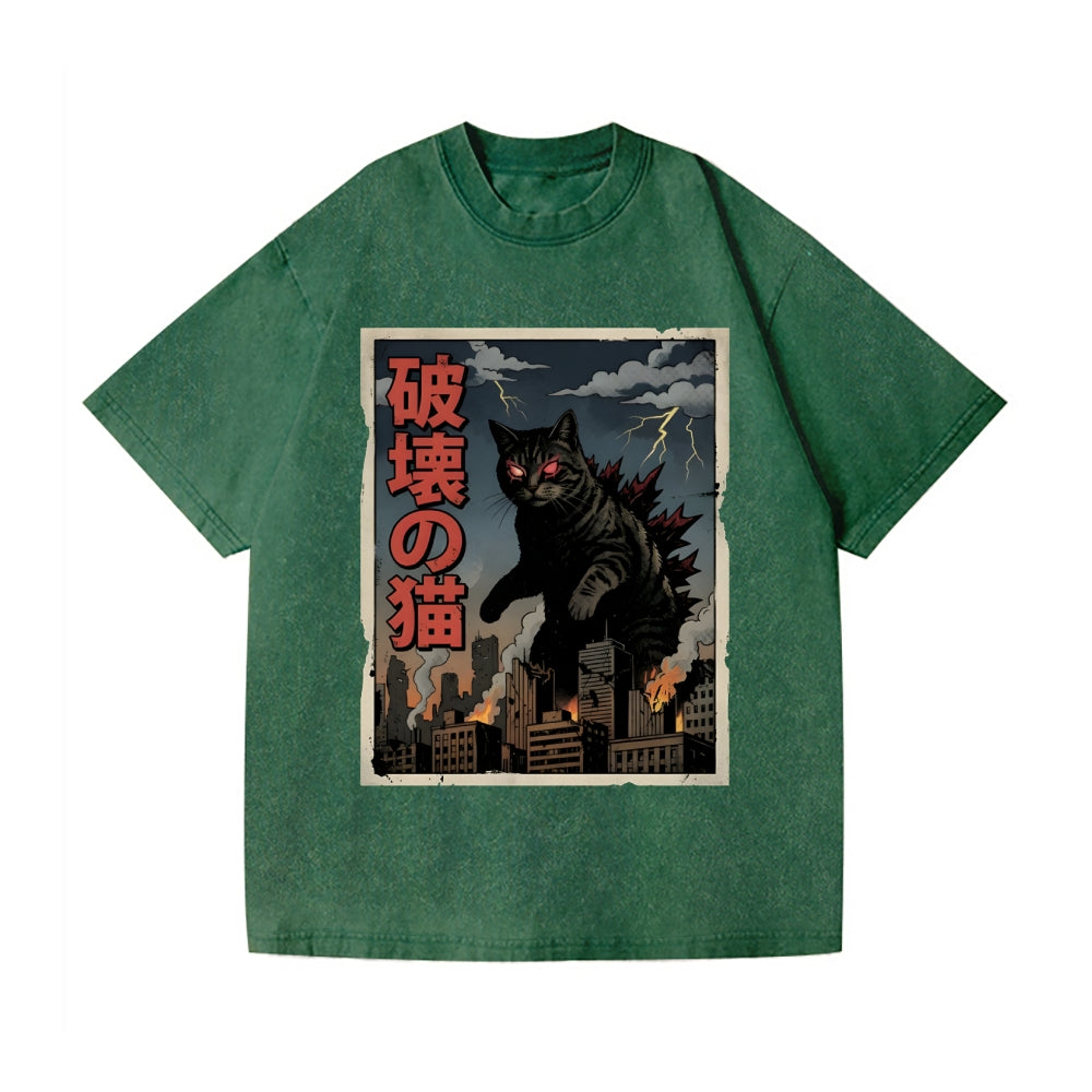 Kaiju Cat Vintage Wash Japanese Design T-Shirt