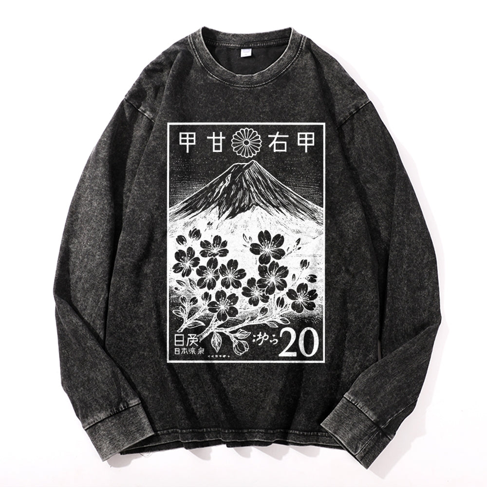 Mt Fuji Vintage Cotton Wash Crewneck Long-Sleeve T-Shirt