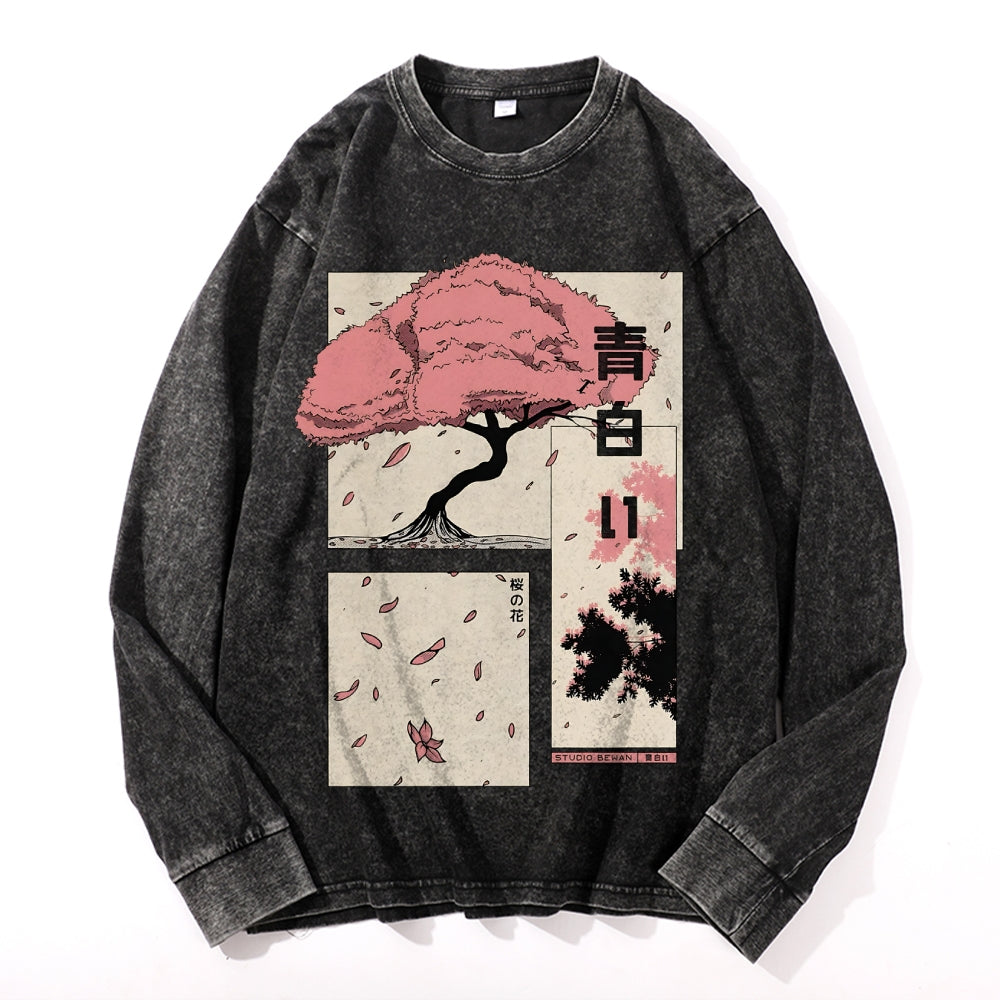 Sakura Vintage Cotton Wash Crewneck Long-Sleeve T-Shirt