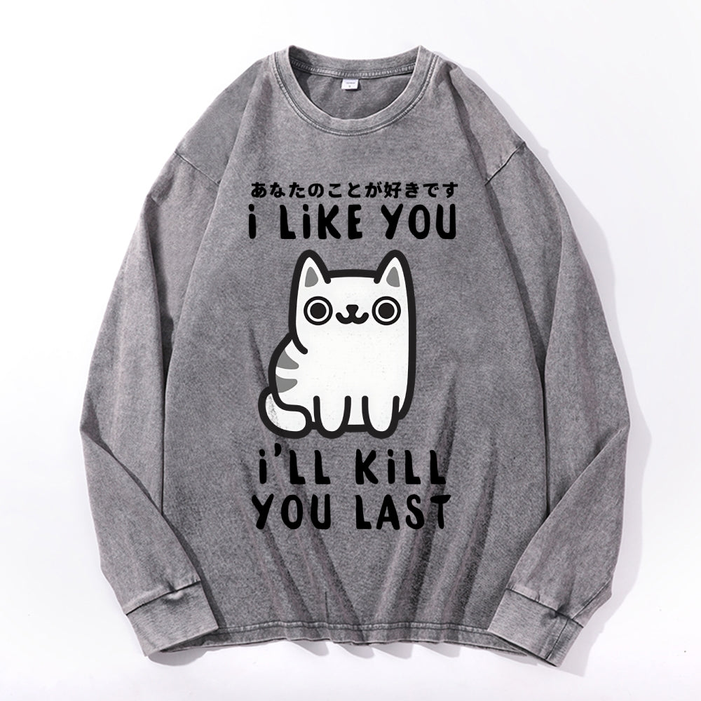 Cat Vintage Cotton Wash Crewneck Long-Sleeve T-Shirt
