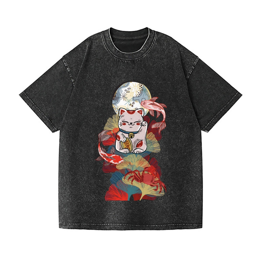 Maneki Neko Cat Vintage Wash Japanese Design T-Shirt