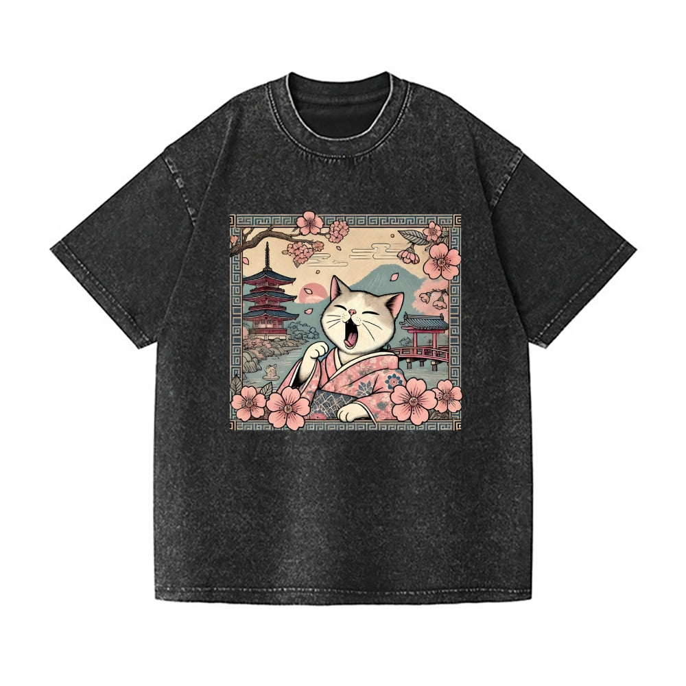Sakura Kimono Cat Vintage Wash Japanese Design T-Shirt