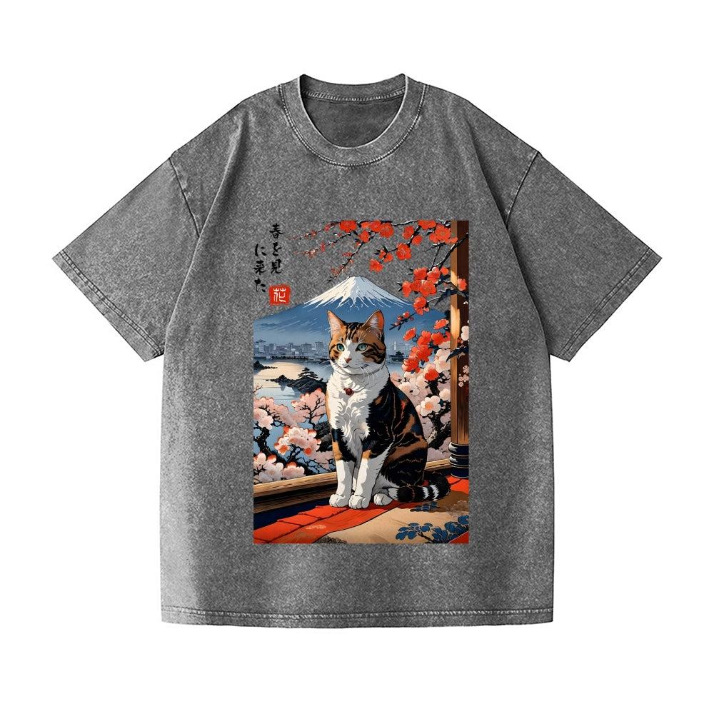 Fuji Cat Vintage Wash Japanese Design T-Shirt