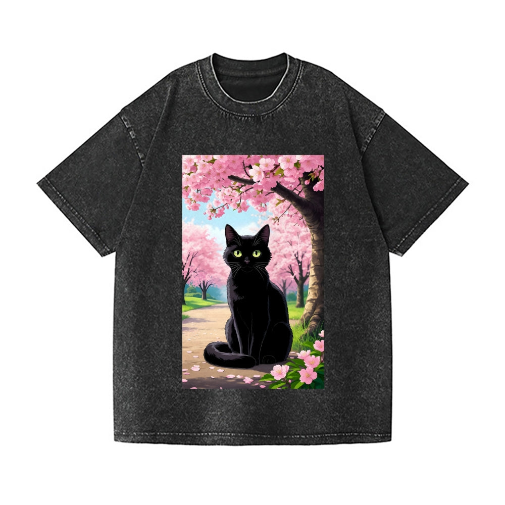 Sakura Cat Vintage Wash Japanese Design T-Shirt