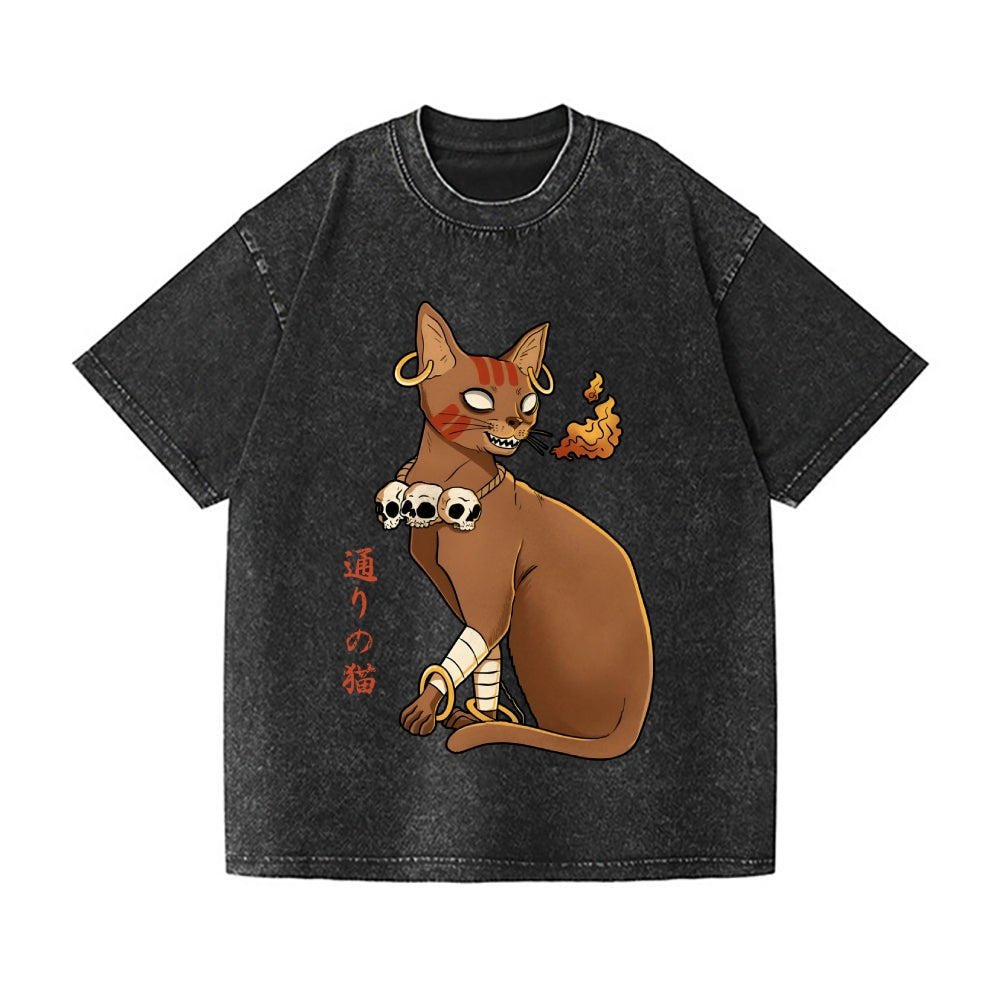 Fire Cat Vintage Wash Japanese Design T-Shirt
