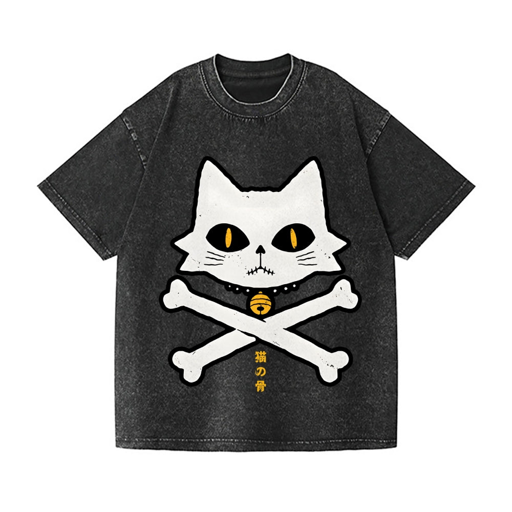 Cat Skull Vintage Wash Japanese Design T-Shirt