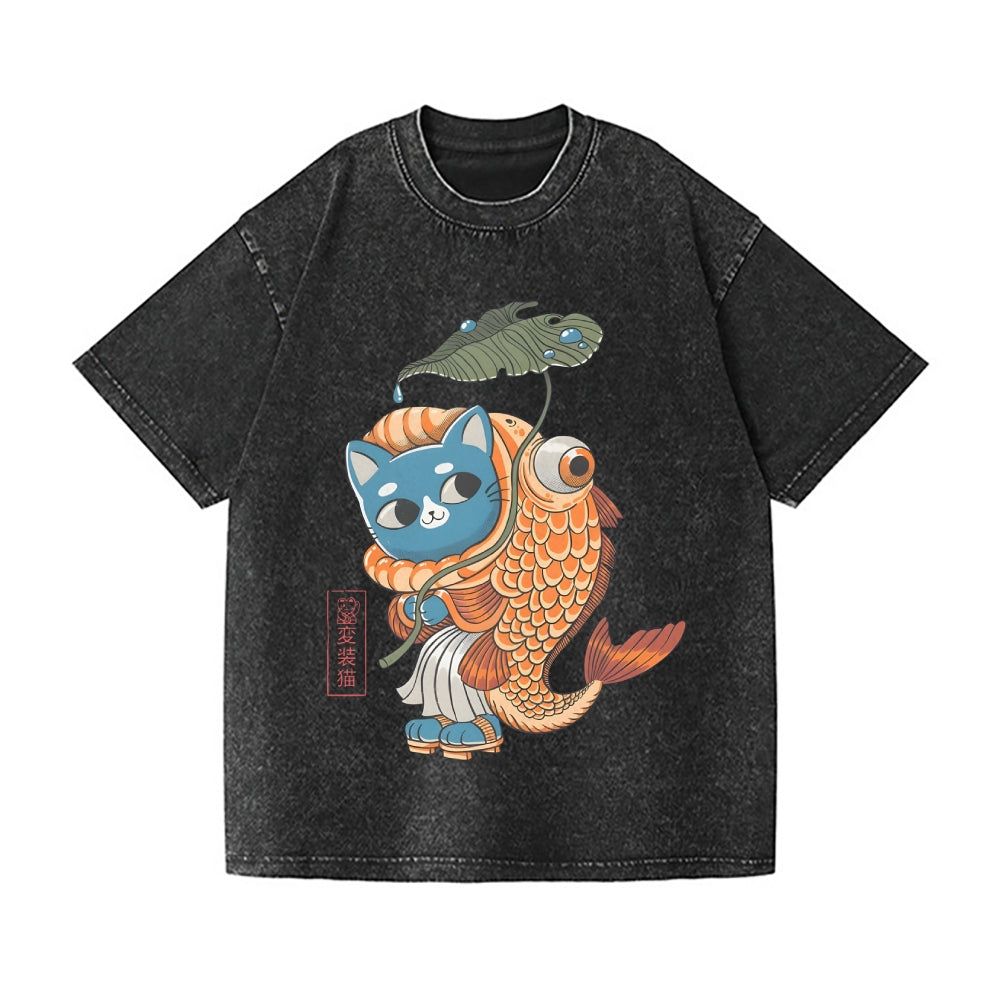 Koi Cat Vintage Wash Japanese Design T-Shirt