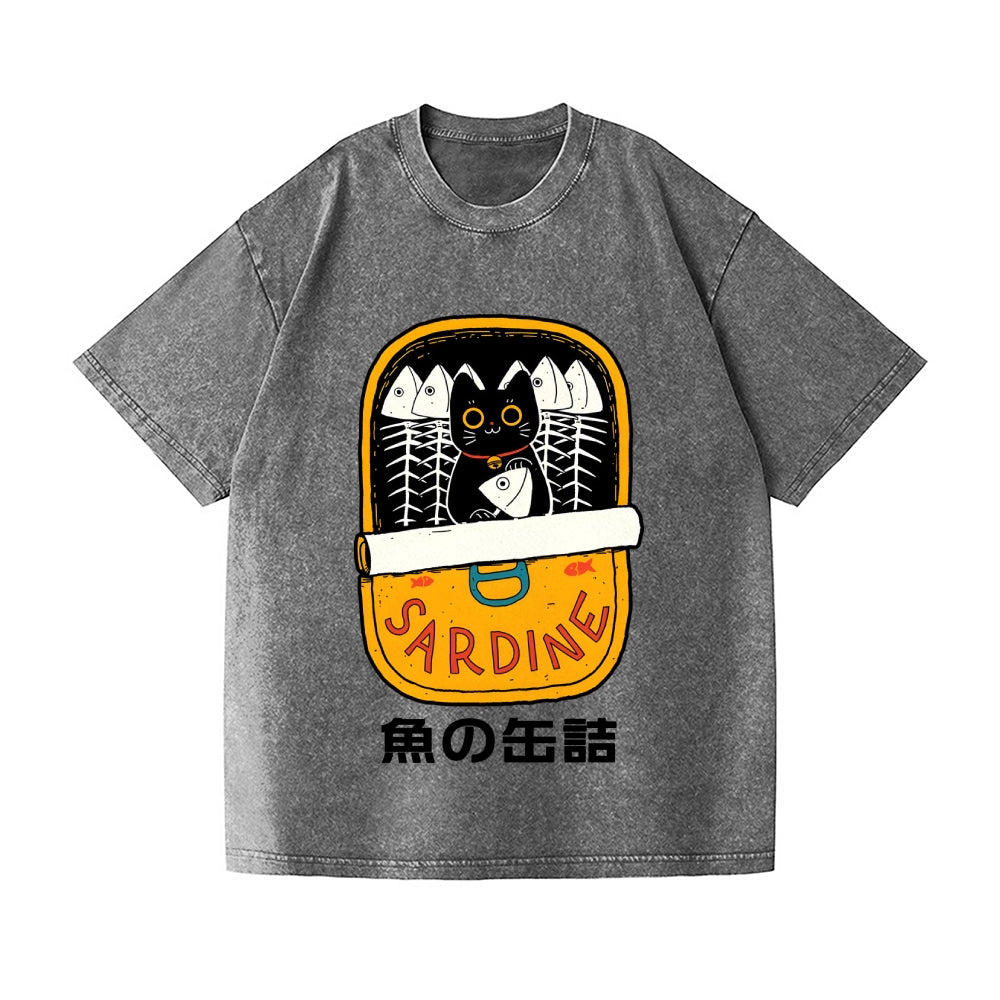 Sardine and Cat Vintage Wash Japanese Design T-Shirt