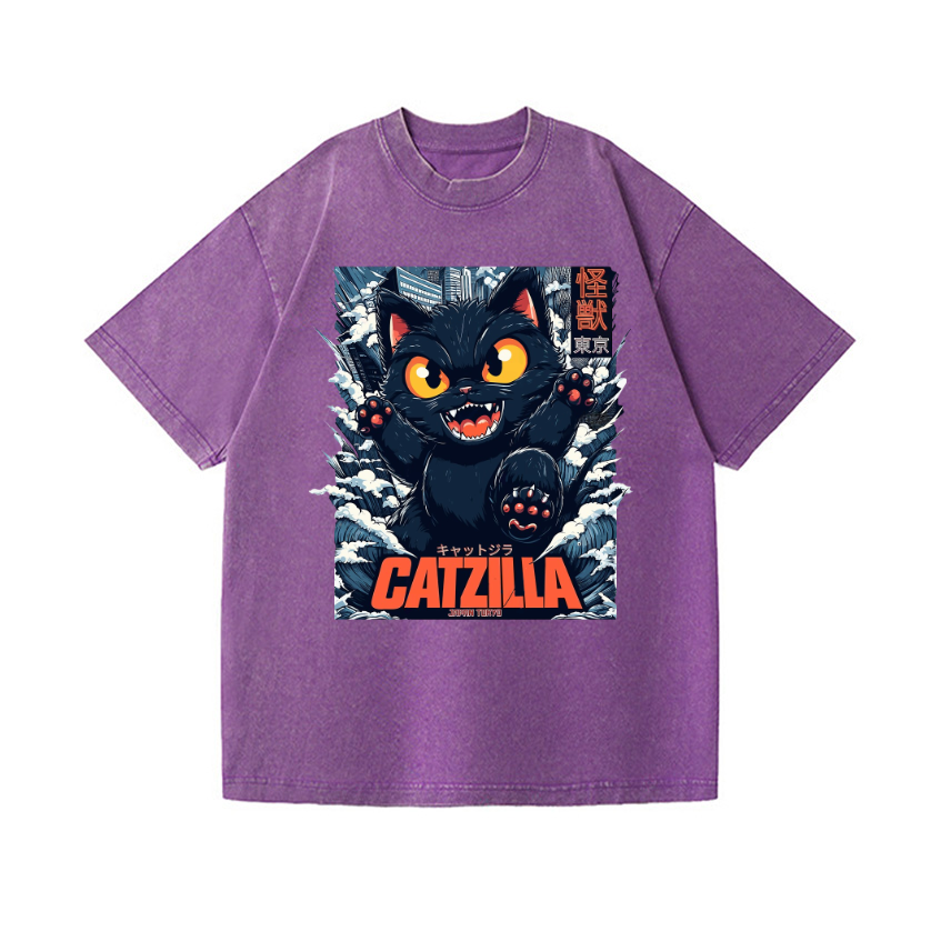 Black Cat Kaiju Catzilla Vintage Wash Japanese Design T-Shirt