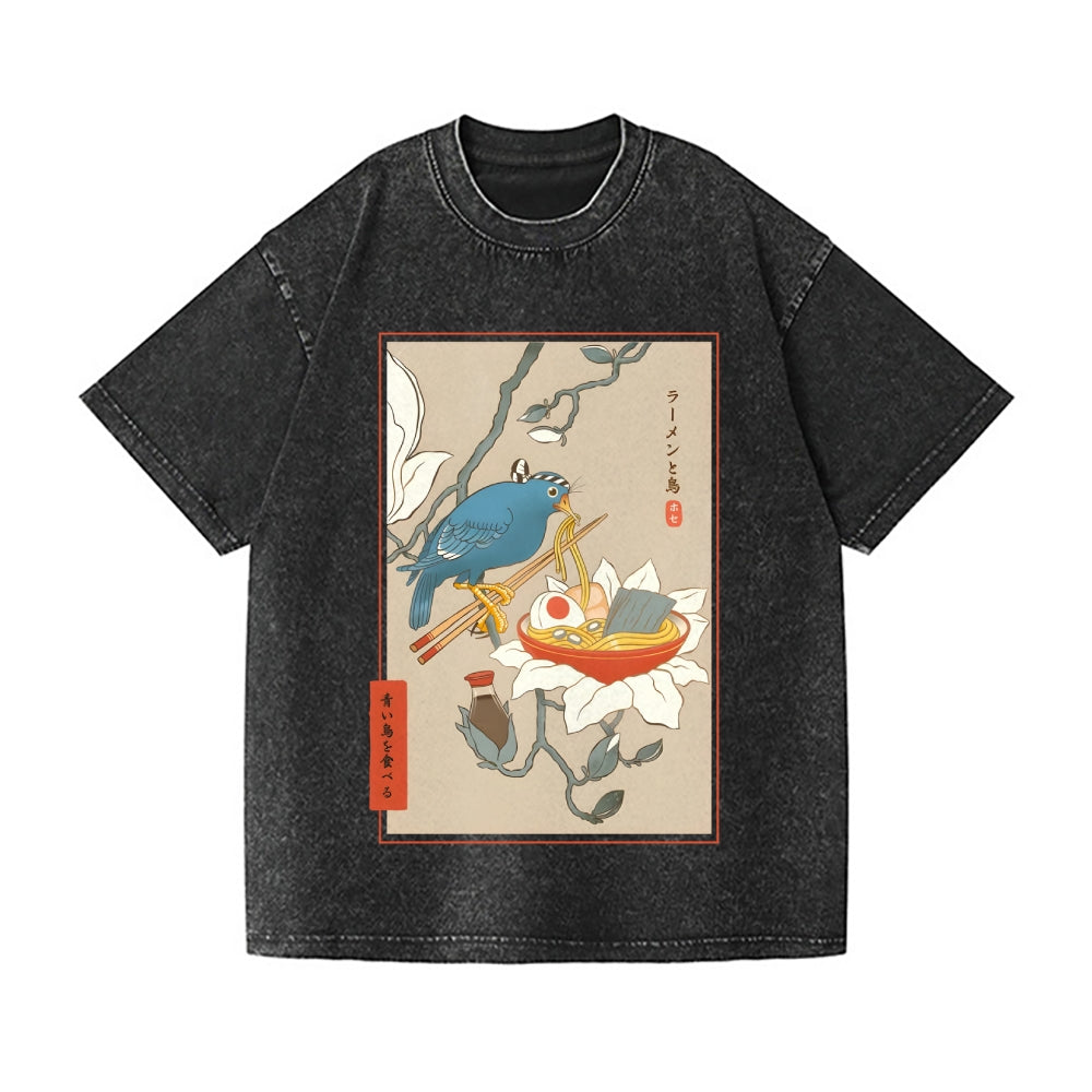 Bird and Ramen Vintage Wash Japanese Design T-Shirt