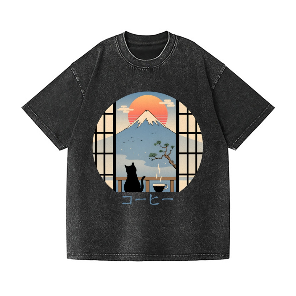 Cat Fuji Mt Vintage Wash Japanese Design T-Shirt