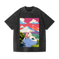 Cat Fuji Mt Vintage Wash Japanese Design T-Shirt