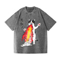 Fire Cat Vintage Wash Japanese Design T-Shirt