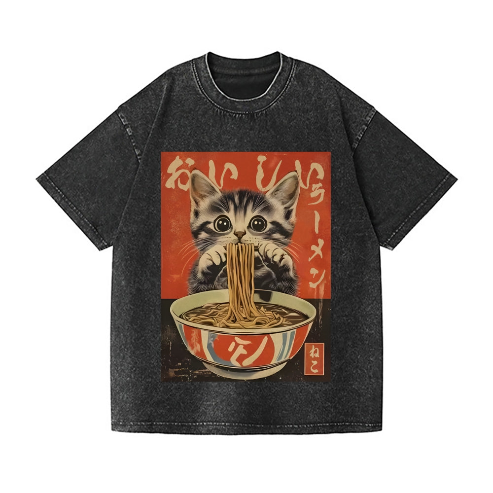 Ramen Cat Vintage Wash Japanese Design T-Shirt