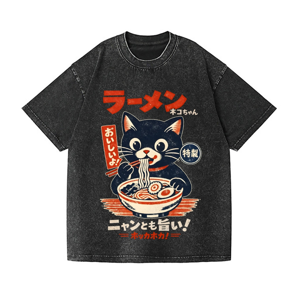 Cat Ramen Vintage Wash Japanese Design T-Shirt