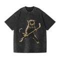 Cat Playing Ice Hockey Vintage Wash Japanese Design T-Shirt